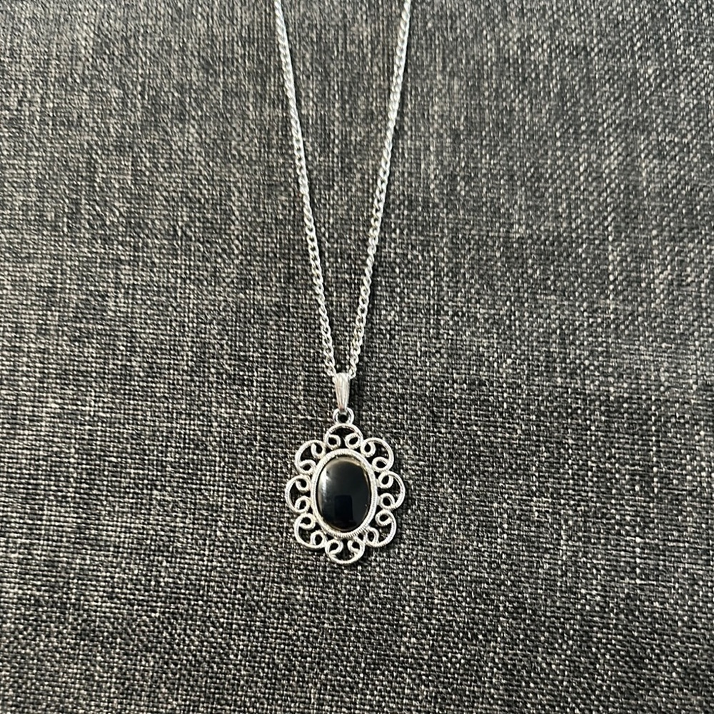 Sarah Coventry Silver Necklace with Black Pendant